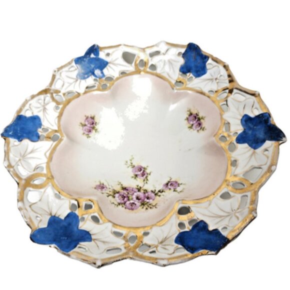 Antique 3578 Hand Painted Pierced Porcelain Bowl w/Gold Leaf Detail Decor Dish - Picture 2 of 7